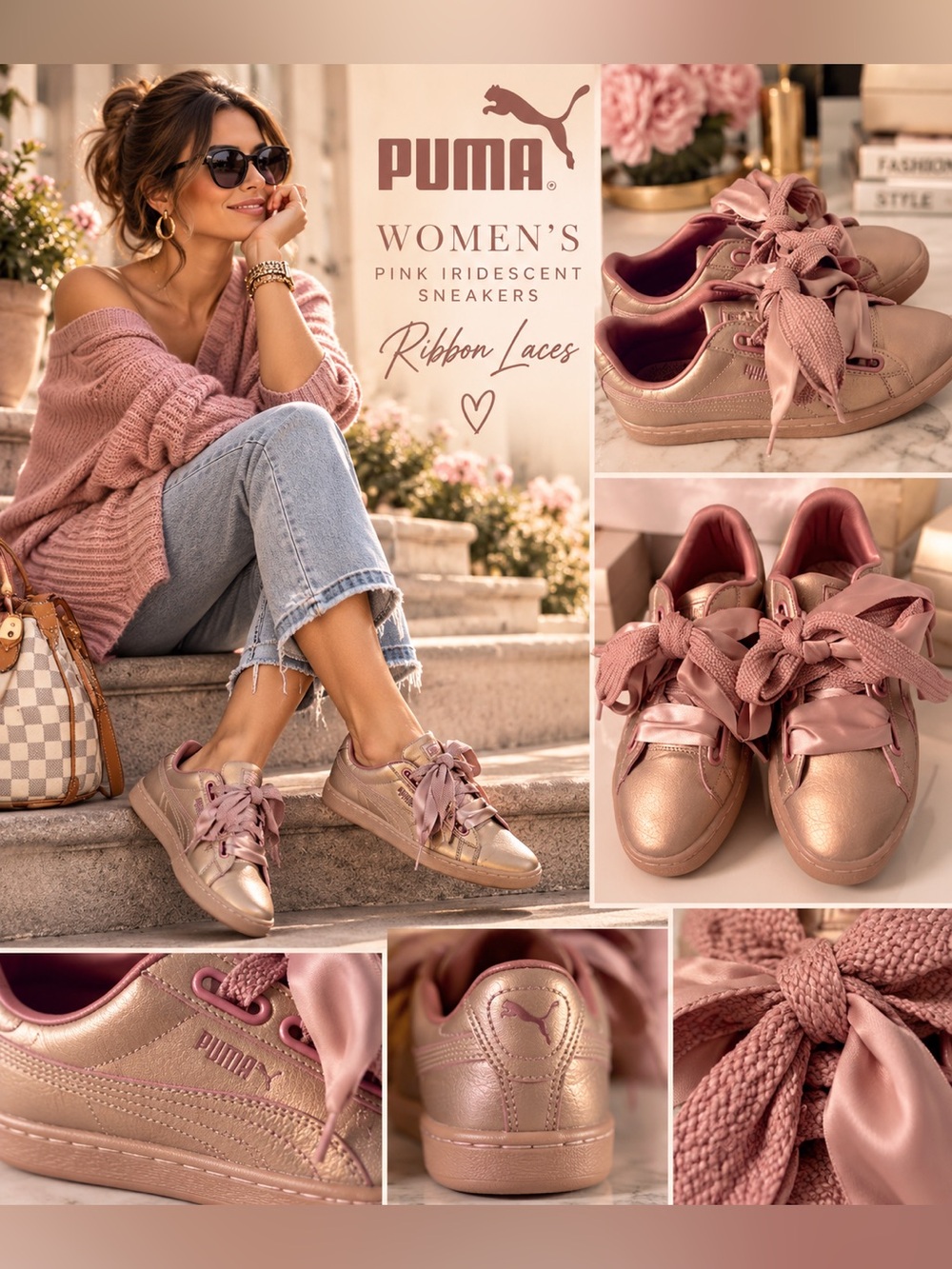 Women’s Pink Iridescent Puma Shoes Ribbon Laces